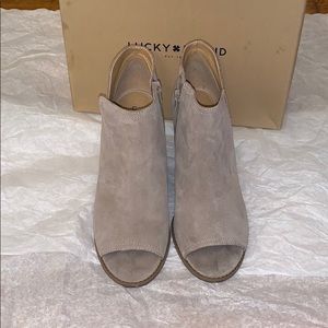 Lucky Brand Taupe Suede Peep-Toe Wedge Booties